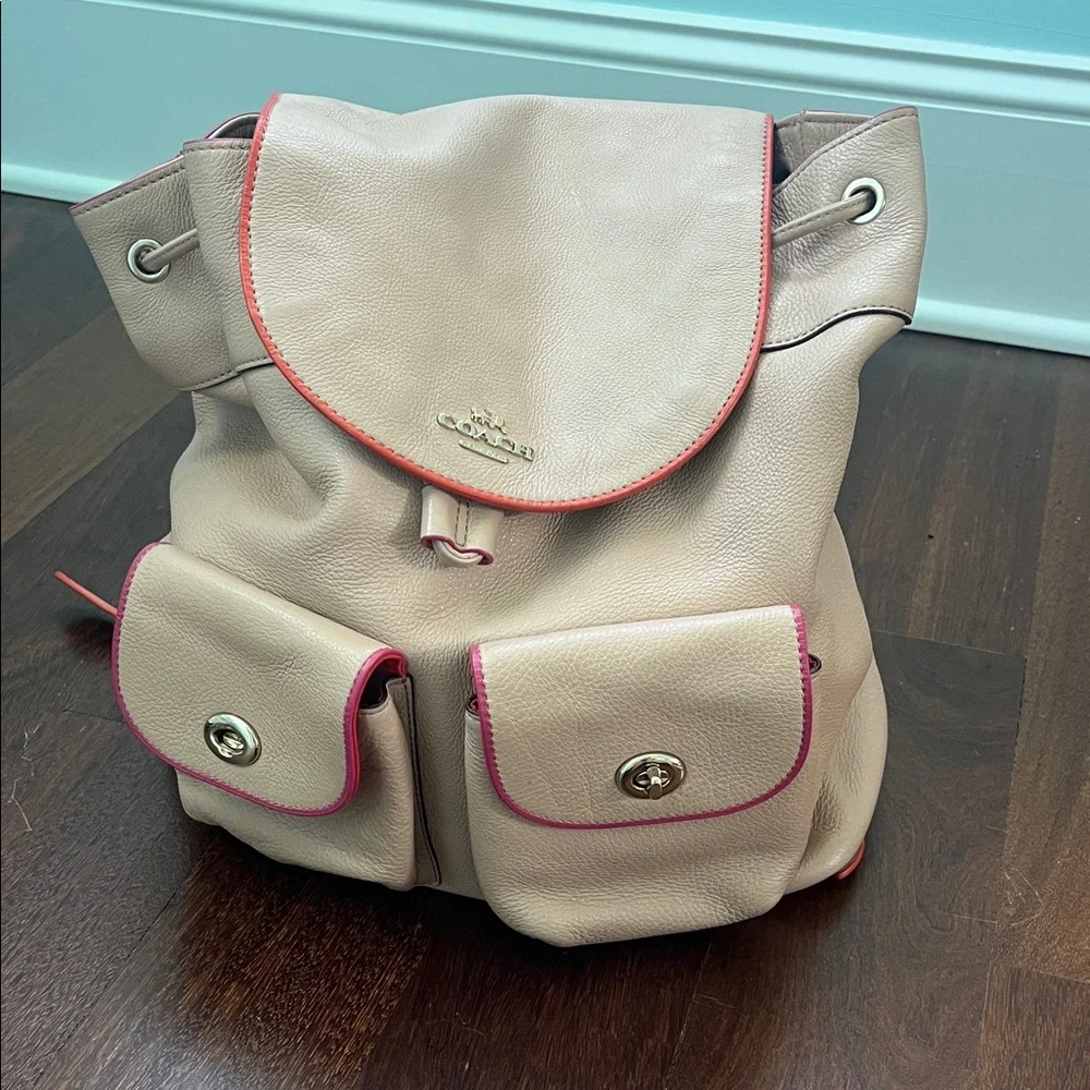 Coach Cream Leather Drawstring Backpack with Pink Trim